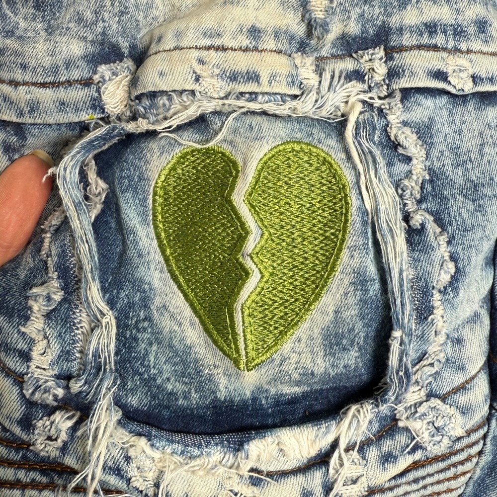 Focus Jeans Mens 34x32 Acid Wash Biker Moto Slim Fit Broken Heart Paint Splatter